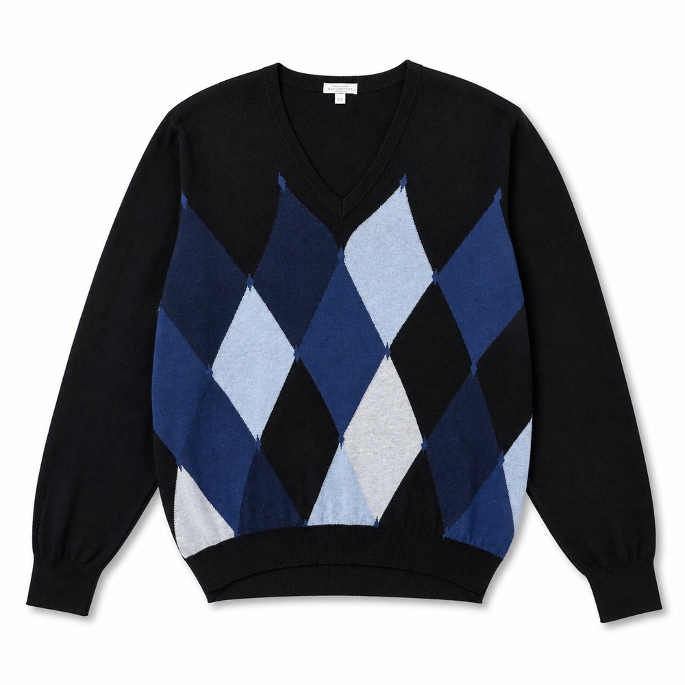 Ballantyne Scotland Mens Cotton Sweater Argyle Diamond Intarsia Size 50 XL Blue
